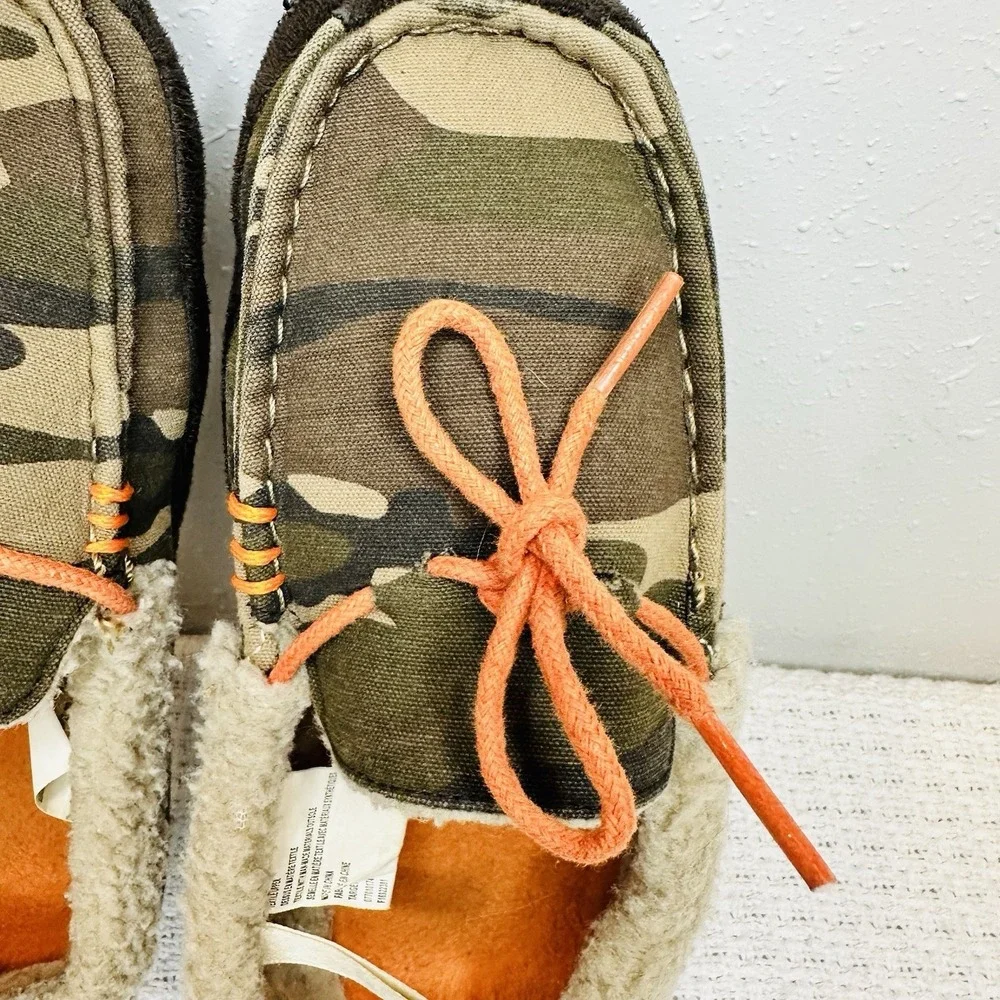 Kids Camo Slippers Moccasin Green Faux Fur Slippers Youth Soft Cozy Size‎ 4/5